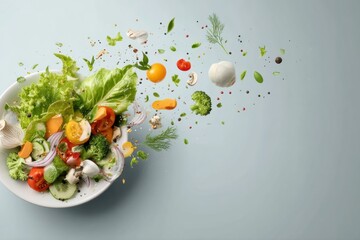 Aufkleber - Fresh Ingredients Effortlessly Floating Around a Vibrant Salad Bowl With Minimalistic Composition