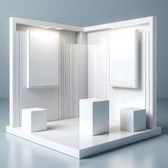 minimal vector clean white corner showroom presentation stand with blank walls and central table ped