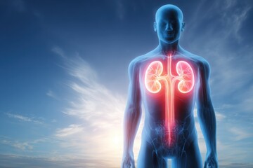 Poster - Human Anatomy With Highlighted Kidneys in a Glowing Illustration Against a Clear Sky Backdrop