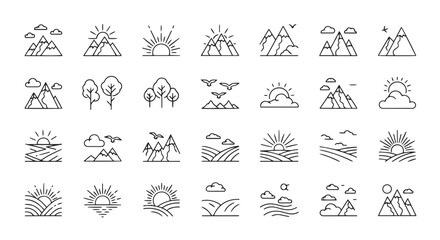 Naklejka na meble Nature landscape icons set line art style sunrise mountains trees fields