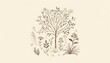 © Akram - Hand-drawn nature vignette of peaceful tree or flower cluster on cream background, minimalistic and isolated with calming earthy details and silence-inspired design