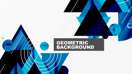 Poster - Abstract geometric design. Blue gradients, triangles, circles create modern backdrop. Clean lines, minimalist aesthetic.
