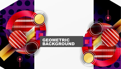 Poster - Abstract geometric design. Vibrant colors, circles, squares, stripes create dynamic composition. Modern style, clean aesthetic.