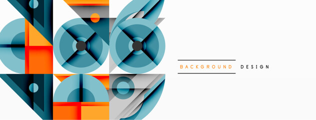 Poster - Abstract geometric shapes, blue, orange, gray. Modern design elements create dynamic composition. Minimalist style, clean lines, flat vector illustration.