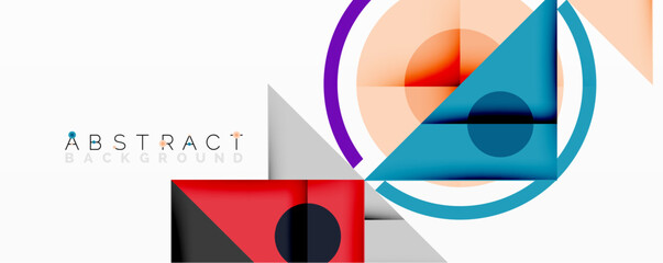Poster - Geometric shapes overlap, creating modern abstract design. Colors include blue, red, orange, gray. Minimalist composition, clean lines present.