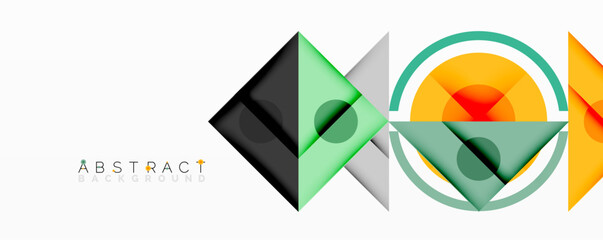 Poster - Abstract geometric shapes overlap, creating modern design. Colors include green, orange, gray, plus white background. Minimalist composition.
