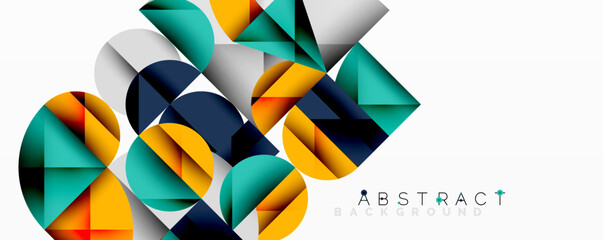 Poster - Geometric shapes overlap, creating vibrant modern design. Colors include teal, orange, navy, gray. Minimalist aesthetic, clean lines present.