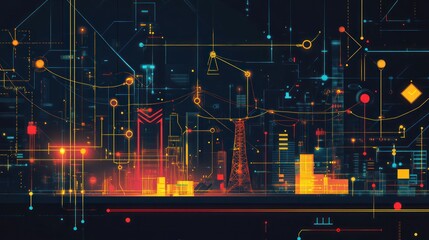 Wall Mural - futuristic cityscape circuit background, abstract illustration, digital art, possible use in technol