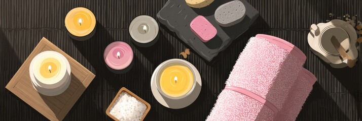 Poster - Relaxing Spa Setting With Candles, Warm Towel, and Soothing Elements in a Tranquil Atmosphere for Rejuvenation and Self-Care