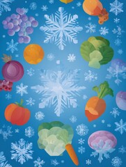 Poster - Flat Design Featuring Ice Crystals Surrounding Various Fresh Produce Icons in a Vibrant Arrangement Suitable for Seasonal Themes
