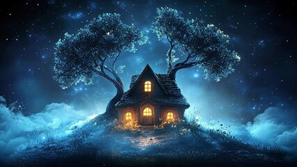 Wall Mural - Enchanted house under a starry night sky