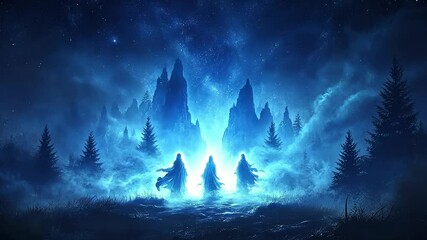 Wall Mural - Ethereal figures in a mystical blue forest landscape