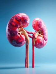 Poster - Realistic 3D Render of Human Kidneys on Clean Blue Background Highlighting Anatomical Details and Structure