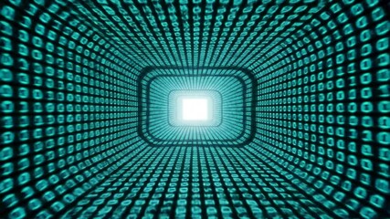 Wall Mural - teal binary code forms a digital tunnel leading to a bright white light source in black background