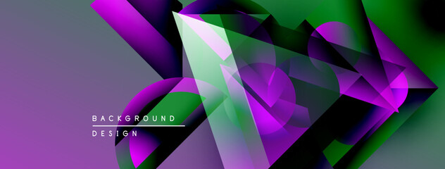 Leinwandbilder - Abstract geometric shapes blend purple, green hues. Modern design evokes dynamic energy, visual complexity. Background features gradients, sharp angles.