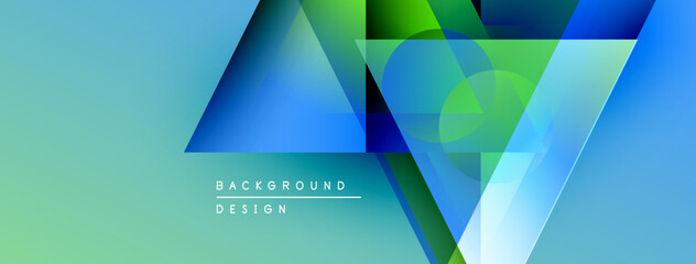 Leinwandbilder - Abstract geometric shapes overlap, creating vibrant blue, green gradients. Design features text background design centrally positioned. Modern aesthetic.