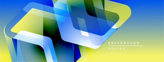 Poster - Abstract geometric shapes overlap, creating vibrant yellow, blue gradients. Modern design suggests dynamic movement, smooth transitions.