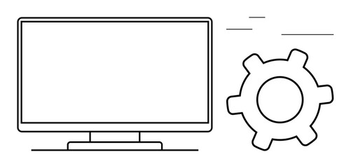 Monitor with gear icon symbolizing system configuration, software development, and user interface. Ideal for technology, IT, innovation, customization, development optimization automation. Flat