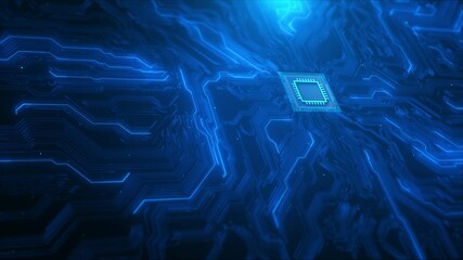 Futuristic AI Artificial Intelligence AI digital cyberspace Circuit Board Accelerated Chip Connection. Next Generation Microchip Activating and Powering Up System. High GPU For Generative Computing.