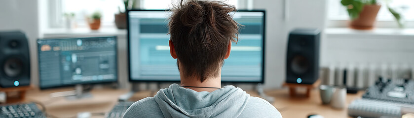 a person works at a dual-monitor computer setup, surrounded by speakers and plants in a modern home 