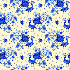 Wall Mural - Seamless pattern in chinoiserie style with blue fairy peacock, leaves, berries and flowers on ivory background. Boho print for fabric.