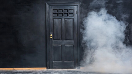 Wall Mural - Mystical smoke swirling from a mysterious door in the darkness abstract surreal afterlife heavenly fog and light with black background negative space copy space life after death path journey portal	