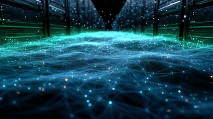 Wall Mural - a mesmerizing view of flowing data streams illuminated by glowing particles in a futuristic server r