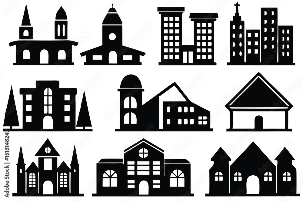 Collection of Black and White Building Icons Architecture Silhouettes ...