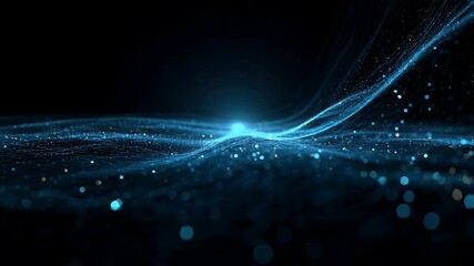 Wall Mural - Abstract visualization of flowing blue particles and light waves in a dark space, creating a serene atmosphere