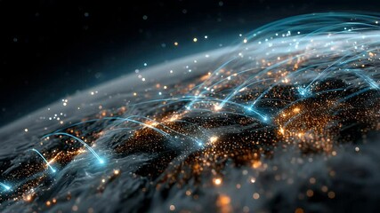 Wall Mural - abstract visualization of global connectivity with glowing lines and particles over a dark earth bac