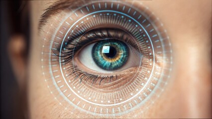 Eye with Digital Lens Effect and Data Encryption Visual Elements