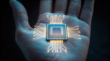 Poster - Human Hand Holding Microchip Displaying Data Privacy Concepts