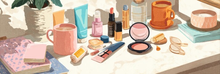 Poster - Sunlit Makeup Table Display With Skincare Products, Cosmetics, and Accessories Creating a Cozy Morning Atmosphere