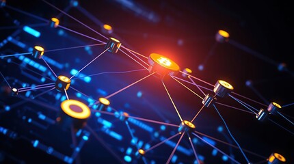 Futuristic Blockchain Glowing Crypto Symbols in a Digital Network Illustration