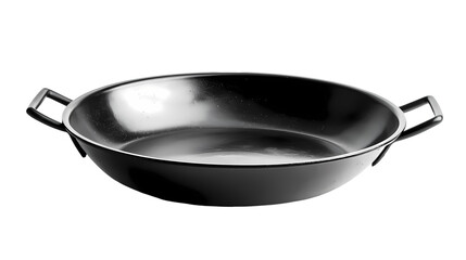 A black paella pan with two handles is centered  in a studio shot image isolated on transparent background