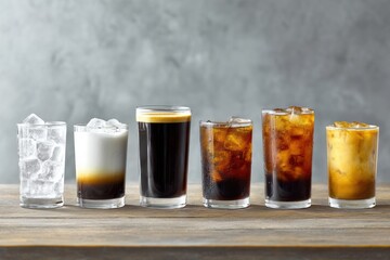 Poster - Popular Beverages Arranged in Order by Caffeine Content Showcasing a Variety of Iced Drinks in Clear Glasses