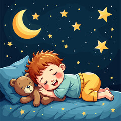 Wall Mural - child's dream: whimsical vector illustration of sleeping child with teddy bear under starry moonlit 