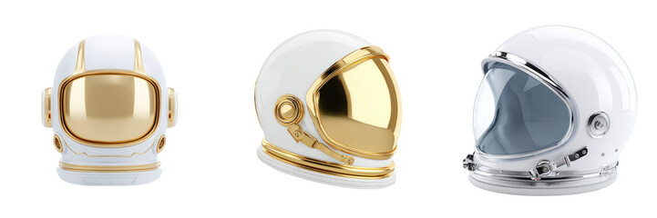 Wall Mural - Three futuristic astronaut helmets with metallic visors and white exteriors are displayed in a row.