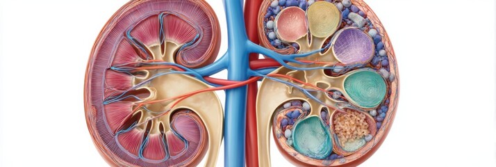 Poster - Detailed Cross-Section of a Kidney Highlighting Anatomical Structures and Functions for Educational Purposes