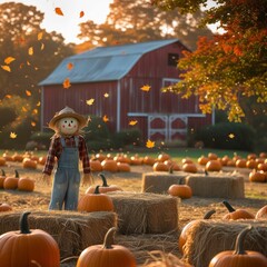 pumpkin patch at golden hour with hay bales, scarecrow, red barn in the background, and falling leav