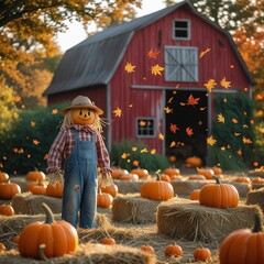 pumpkin patch at golden hour with hay bales, scarecrow, red barn in the background, and falling leav
