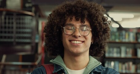 Poster - Happy, man and face of student at university for education, learning or studying for exam in library. Smile, confident and portrait of male person with college scholarship for knowledge on campus.