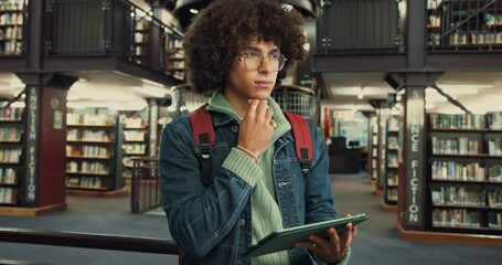 Poster - Man, student and thinking with tablet at library for research, project and check schedule for studying. Person, digital touchscreen and application for learning, education and scholarship at college
