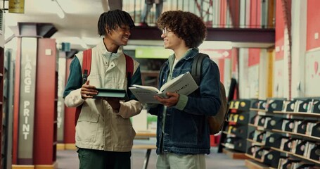 Poster - Studying, friends and men with book, tablet or research for exam on website in library or education. Laughing, students and people with tech for assignment, knowledge or preparing for test in college