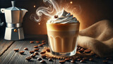 A creamy dalgona coffee served in a transparent glass