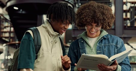 Poster - University, friends and fist bump for education, men and preparing for assignment with book or exam. Happy, students and excited for info in library, knowledge and people with gesture for celebration