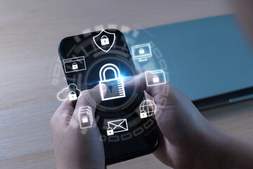 Wall Mural - people hand using data protection application on mobile smartphone, backup storage management, anti virus, firewall, data protection, internet network technology, cloud storage technology concept