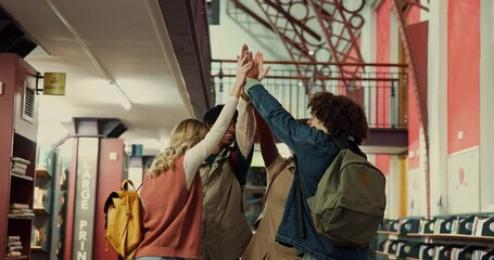 Poster - High five, students and group in library, cheering or gesture for achievement, celebration or proud. Success, learner and people with victory for education, university and teamwork for scholarship