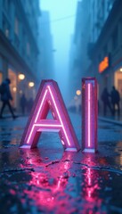Poster - Luminous AI Letters Reflecting on Wet Urban Street at Night