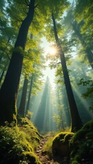 Poster - Sunbeams filtering through a serene forest of tall trees and lush green foliage create a tranquil nature scene
